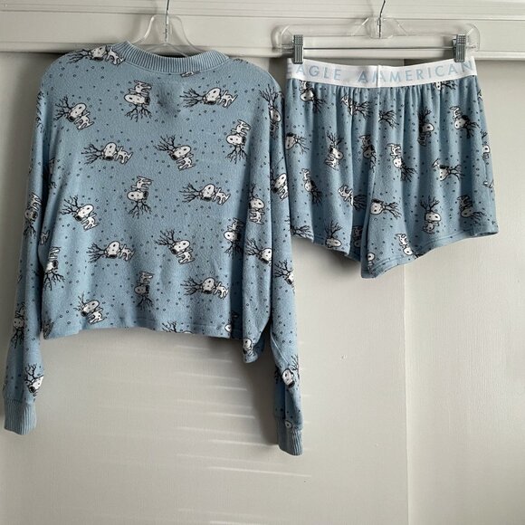 AE Peanuts Snoopy Holiday Pajamas 2 Piece Lounge SET Size S Blue PJ's Top Shorts - Picture 3 of 12